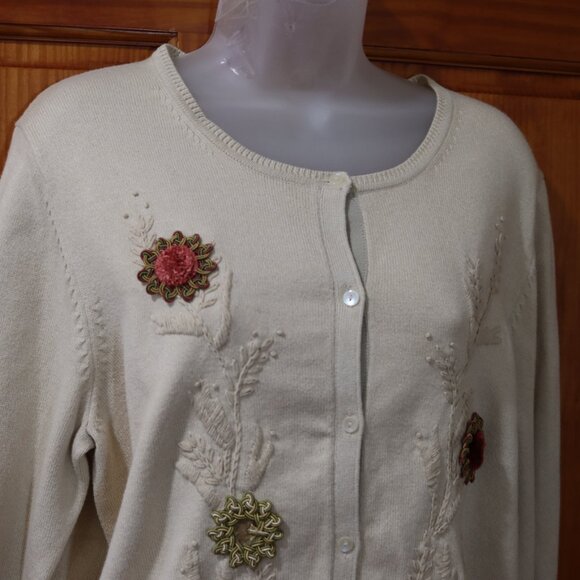 Liz Claiborne Cream Floral Appliqué Cotton Rayon Cardigan L Full Back Embroidery - Picture 2 of 16